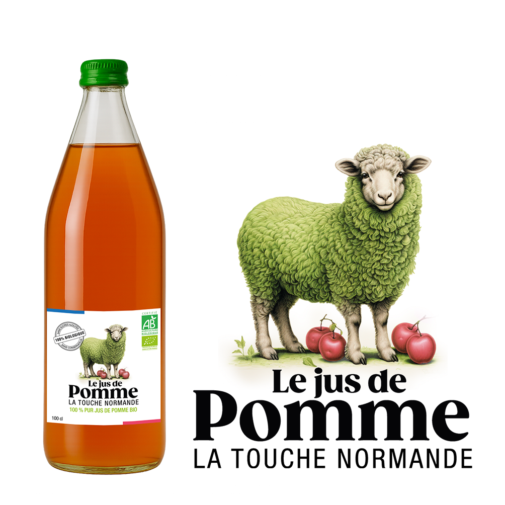 Bouteille de jus de pomme bio produit localement en Normandie.